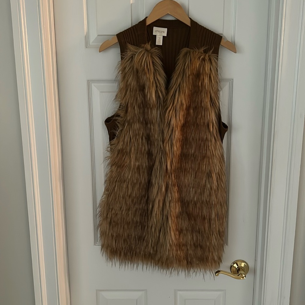 Chicos Fur Vest w/ Sweater Back Panel Tan/Beige Faux Fir Size 2 12/14